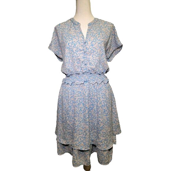 Cottagecore Womens Medium Dress Ditzy Floral Blue Cream Layered Smocked Prairie - Picture 2 of 11